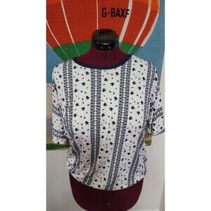 Lavish Round Neck Short Sleeve Top Blouse Elastic Waist Cream Navy Blue Size XL